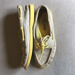 Grey and yellow boat shoes